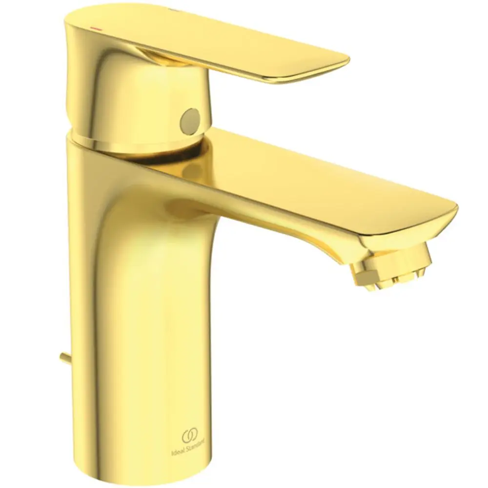Armatur in Brushed Gold-Finish von Ideal Standard, mit schmalem Auslauf und Bedienhebel auf der Oberseite. Geeignet für Waschbeckenmontage.